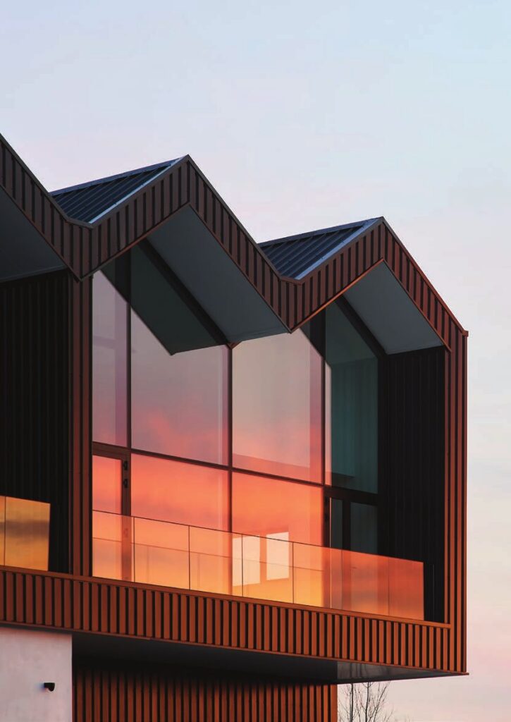 Façade contemporaine noire avec châssis de formes spéciales