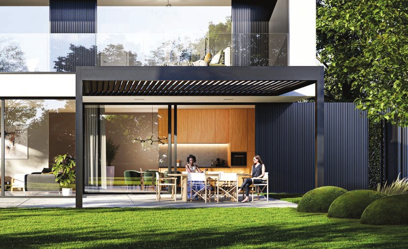 Pergola bioclimatique en aluminium noir sur terrasse